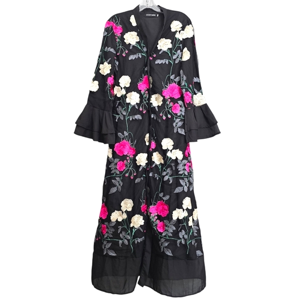 Modern Barbie Black w/Pink & Ivory Garden Rose Longlseeve Kimona Robe Maxi Dress